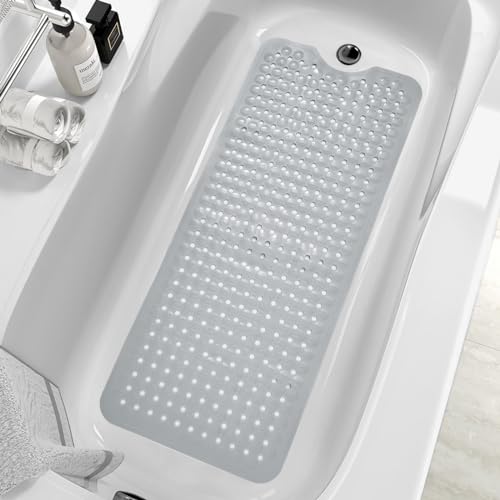 MOONFLY Shower and Bathtub Mat,40x16 Inches,Extra Long Non Slip Mats with Suction Cups and Drain Holes, Machine Washable and Anti Slip Bathmats, Bathroom Mats for Tub Nonslip (Grey) - color: Grey