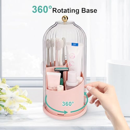 QIYVLOS Toothbrush Holders with Sliding Lid, Rotating 3 Slots Bathroom Organizer Countertop, Tooth Brush Toothpaste Holder Bathroom Counter Stand Sink Organizer Caddy for Makeup Brushes Holder (Pink) - color: Pink+transparent