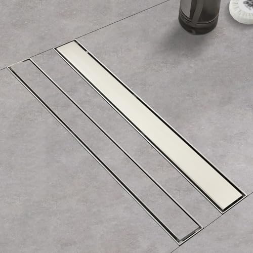 Linear Shower Drain ，18 Inch Brushed 304 Stainless Steel Rectangle Shower Floor Drain，with Reversable Tile-inPattern Drain Cover & Hair Catcher, Adjustable Feet - color: Brushed Nickel, size: 18inch