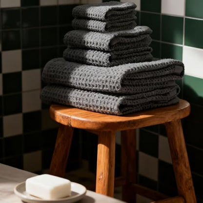 Sedona Luxe Waffle Towel Set, 410 GSM 6-Piece 100% Cotton Set with 2 Bath Sheets, 2 Hand Towels & 2 Washcloths, Spa-Quality (Charcoal) - color: Charcoal, style: Luxe Set (Set of 6 with Bath Sheets)
