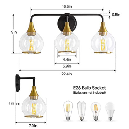 Black and Gold Bathroom Vanity Light 3-Lights Bathroom Light Fixtures Over Mirror with Clear Glass Shade 22.4 inch Wall Sconce Lighting Bath(Exclude E26 Bulb) - color: Clear,Gold, size: 3 Light