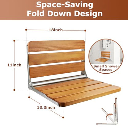 Foldable Shower Seat Wall Mounted 18 in Wide, Teak Bench for Small Shower | Foldable Design, Shower Use - size: 18INCH