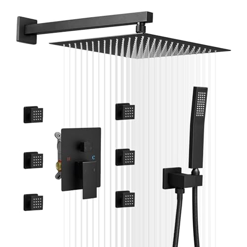 BWE 10 Inch Matte Black Wall Mounted Bathroom Shower System with Body Jets | Brass,Rainfall Shower Head,Handheld Shower Head,Pressure Balance Valve,6 Body Spray Jets,Escutcheon Plate,Easy Installation - color: Matte Black, size: 10 Inch-with Body Jets