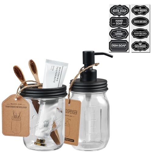 SheeChung 2 Piece Mason Jar Soap Dispenser and Toothbrush Holder Set, Black | Farmhouse Glass Bathroom Accessories Set, Countertop Organizers Storage, BPA-Free, Rustproof 304 Stainless Steel,Rustic Decor - color: Black, size: Liquid Dispenser