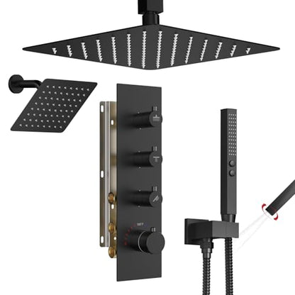 Shower Faucet Set,Thermostatic Shower System,12 Inch Ceiling Mounted and 6 Inch Wall Mount Rain Shower Head with 2 in 1 Handhled,High Pressure Dual Shower Head Combo Set Matte Black - color: Matte Black, size: 12"-1