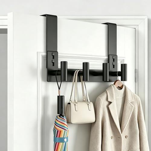 Stainless Steel Over The Door Hooks Heavy Duty, Bathroom Towel Holder Door Mount Coat Rack Towel Rack for Bedroom, Doors Hangers Towel Hooks for Bathroom Dorm Essentials (1Pack, Black-4 Hooks) - color: Black, size: "T" Shape 4 Hooks-1 Pack