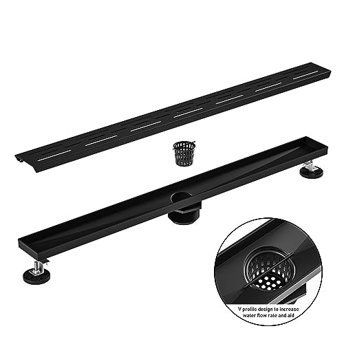 Linear Shower Drain 24" Matte Black 304 Stainless Steel | with Drain Grate| Fast Drainage | Stainless Floor Drain Grate | Hair Strainer | Drain Key | The Upgrade for Your Bathroom - size: 24 Inch