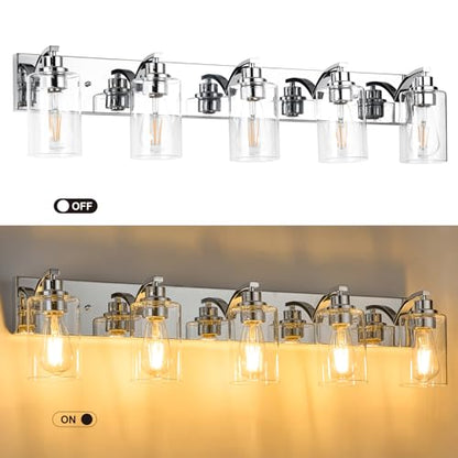 5-Light Bathroom Light Fixtures Modern Chrome Vanity Lights | Easy to Install Clear Glass Shades, Wall Mount Up or Down, E26 Socket, Hardwired, 128V - color: Chrome, size: 5 Lights