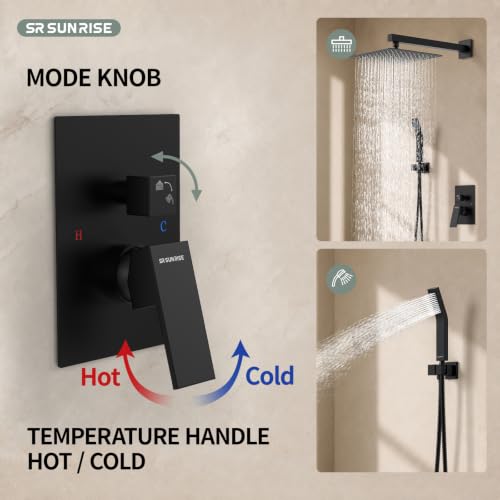SR SUN RISE Black Square Rainfall Shower Head and Handle Set, Wall Mounted Shower Fixtures, Metal Shower Faucet Trim Repair Kits (With Shower Valve) - color: Matte Black, size: 10 Inch