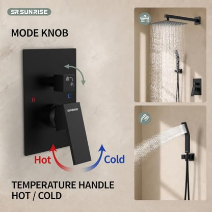 SR SUN RISE Black Square Rainfall Shower Head and Handle Set, Wall Mounted Shower Fixtures, Metal Shower Faucet Trim Repair Kits (With Shower Valve) - color: Matte Black, size: 10 Inch
