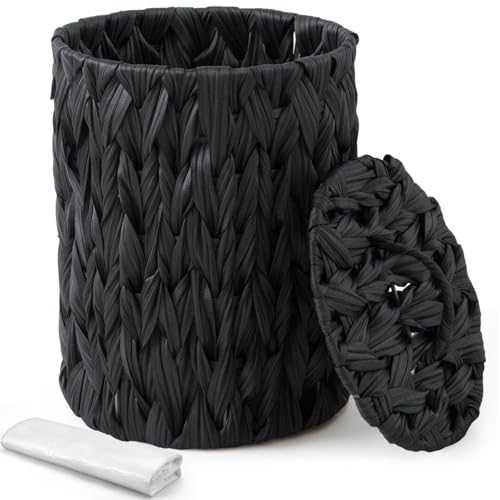 Ctosree 1.3 Gal Boho Woven Trash Can with Lid, Black | Braided polypropylene waste basket with handle and 100 garbage bags for bathroom, bedroom, office, or laundry. - color: Black, style: Braided Polypropylene