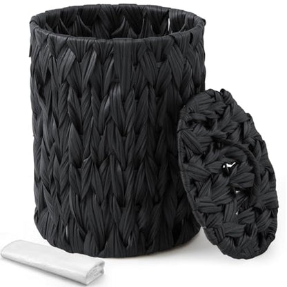 Ctosree 1.3 Gal Boho Woven Trash Can with Lid, Black | Braided polypropylene waste basket with handle and 100 garbage bags for bathroom, bedroom, office, or laundry. - color: Black, style: Braided Polypropylene
