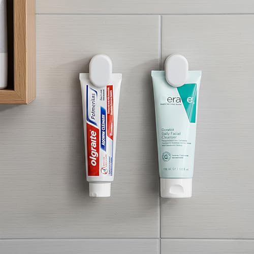 3-Pack Toothpaste Holders Wall Mounted, Adhesive Tube Clips for Bathrooms | JM.JEEMI Tooth Paste Wall Holder Hanger, Paint & Lotion & Cosmetic in Tubes Organizer Gripper - White, Round, Small - size: Small_Rd