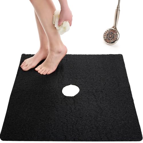 Enkosi Loofah Shower Mat with Drain Hole – Cushioned Anti-Slip Square Bath Mat for Showers, and Bathroom Floors – Textured PVC, Non Slip Safety Pad for Walk-in Stalls and Wet Areas (27x27 Black) - color: Black, size: 27" x 27" (Square)