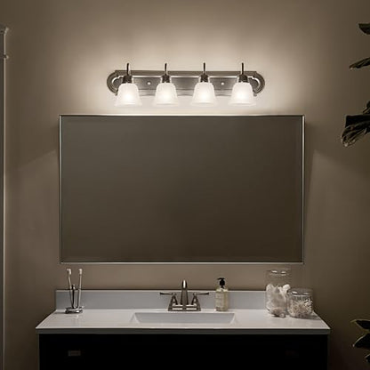 Kichler 30" 4-Light Vanity Bath Light in Brushed Nickel, Modern Bathroom Light with Clear Satin Etched Glass, (30" W x 8" H), 5338NIS - color: Brushed Nickel, size: 30"