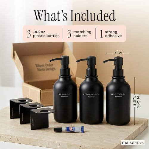 MaisoNovo Shampoo and Conditioner Dispenser|Refillable Black Set of 3 | 500 ml Shower Gel Dispenser Set of 3. Refillable Shampoo and Conditioner Bottles. Drill Free Secure Design. Black - color: Black Set of 3