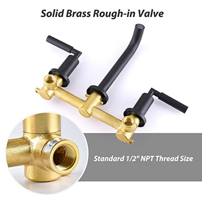 RBROHANT Black Wall Mount Faucet with Pop up Drain Set for Sink Without Overflow, Matte Black Dual Handle Wall Mounted Bathroom Sink Faucet, Brass Rough-in Valve Included, RB0735D - color: Matte Black, style: Lever Handle Faucet with Drain