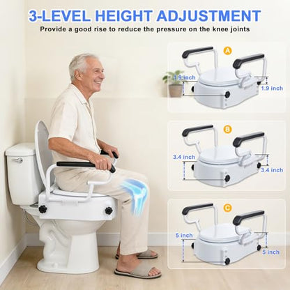 5'' Round Raised Toilet Seat with Handles, Adjustable Height | 3 Adjustable Heights (1.9/3.4/5'')|Fits Standard Round Toilets|with Lid|300lbs|Flip-up Armrests|for Seniors Post-surgery