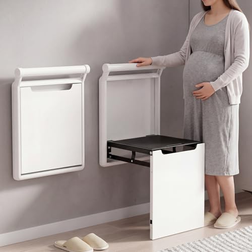 Geelin Foldable Wall Mounted Chair with Armrest, Heavy Duty Aluminum Alloy 500lb Capacity Shower Seat for Elderly and Pregnant Woman, Space Saving Shoe Changing Stool for Entryway, White