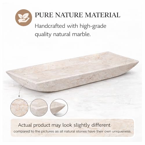 Creative Home Natural Champagne Marble Rectangular Vanity Tray Towel Tray Boat Shaped Tray Bathroom Accessories Organizer for Bathroom Countertop, Kitchen Sink, Jewelry, 16.5" x 6.3" x 1.5" H, Beige - size: 16.5" x 6.3" x 1.5", style: Boat Shaped Tray