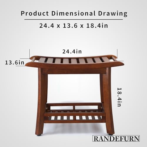 RANDEFURN 24“ Teak Shower Bench with Shelf,Teak Wood Shower Stool,Waterproof Wood Shower Chair for Elderly,2-Tier Wooden Shower Seat Spa Stool for Indoor and Outdoor Use.(24 x 13.4 x 18.3in, Brown)