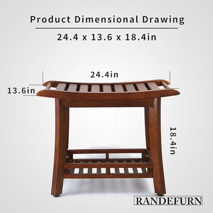 RANDEFURN 24“ Teak Shower Bench with Shelf,Teak Wood Shower Stool,Waterproof Wood Shower Chair for Elderly,2-Tier Wooden Shower Seat Spa Stool for Indoor and Outdoor Use.(24 x 13.4 x 18.3in, Brown)