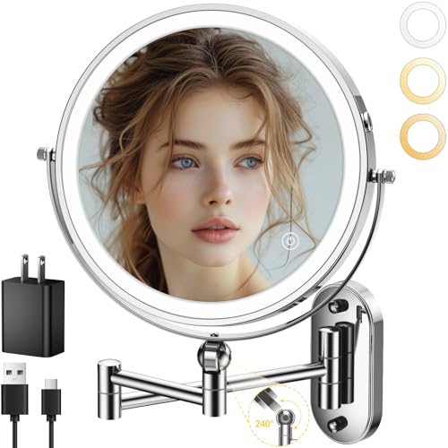9" Wall Mounted Lighted Makeup Mirror,4000mAh Rechargeable Double Sided 1X/10X Magnifying Mirror with Light,3 Color Lights,Touch Dimmable,Extended Arm 360 Rotation Wall Mounted Makeup Mirror - color: Chrome