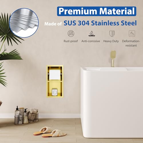 Qeke Recessed Toilet Paper Holder, Dual Rolls Tissue Toilet Holder, Golden | 304 Stainless Steel, Rustproof & Durable, Space-saving, in Wall Tissue Holder for Bathroom & RV - color: Brushed Golden