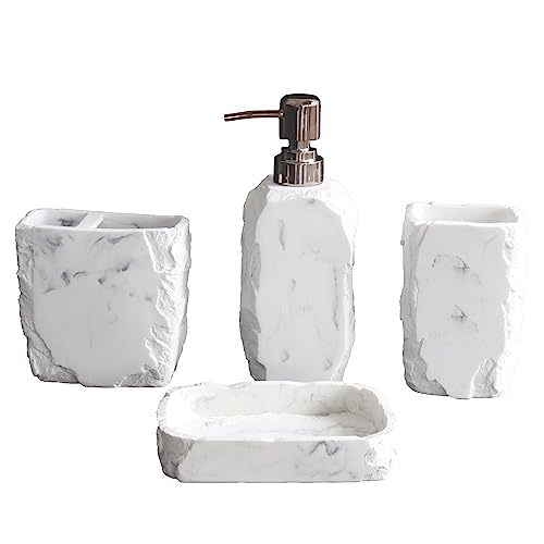 Hymmah Marble Bathroom Accessories Set,Marble Design Toothbrush Holder,Farmhouse Bathroom Decor,4 Pcs Resin Gift Set Apartment Necessities, Contain Toothbrush Cup,Soap Dispenser,Soap Dish,Tumbler - color: Marble White