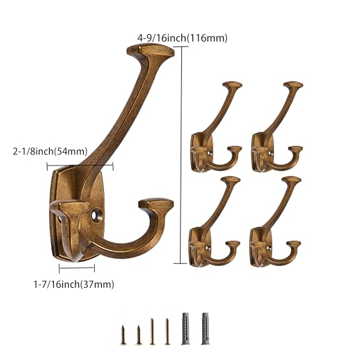 Antique Brass Hooks Large Wall Mounted Decorative Solid Heavy-Duty Double-Sided Coat Hooks Triple Coat Hook Towels Coats Robes Towels Bag Bathroom Three Prong Coat Hook (2 Pack) - color: Antique Brass