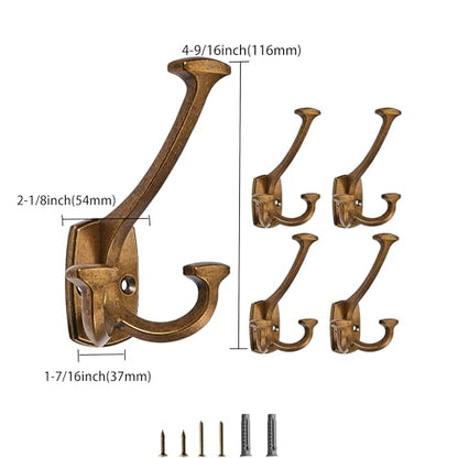 Antique Brass Hooks Large Wall Mounted Decorative Solid Heavy-Duty Double-Sided Coat Hooks Triple Coat Hook Towels Coats Robes Towels Bag Bathroom Three Prong Coat Hook (2 Pack) - color: Antique Brass