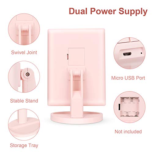 Tabletop Mount Tri-Fold Lighted Vanity Mirror with 21 LED Lights, Touch Screen and 3X/2X/1X Magnification, Two Power Supply Modes Make Up Mirror,Travel Mirror - color: Pink