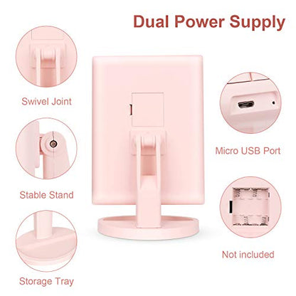 Tabletop Mount Tri-Fold Lighted Vanity Mirror with 21 LED Lights, Touch Screen and 3X/2X/1X Magnification, Two Power Supply Modes Make Up Mirror,Travel Mirror - color: Pink