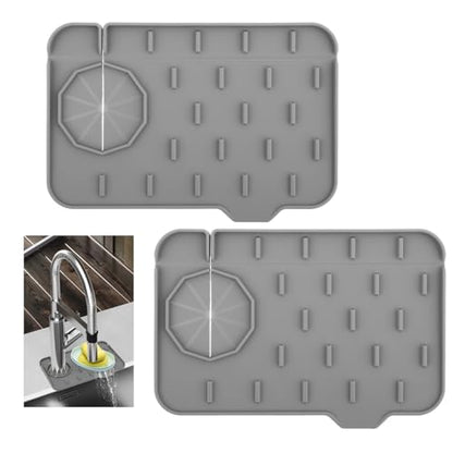 2Pcs Silicone Sink Faucet Splash Guard Mat, Soap Dish Pad Faucet Handle Drip Catch Sponge Holder Sink Protector Tray with Outlet & Slope for Bathroom Kitchen Countertop RV Gadget 8.3 x 5.3 Inch
