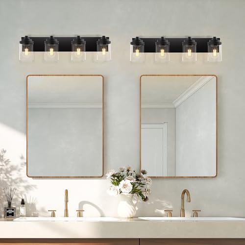 Bathroom Vanity Light Fixture, 4-Light Modern Black Vanity Light Fixtures with Clear Glass Shade, Matte Black Bathroom Light Fixtures Over Mirror, Rustic Restroom Lighting Fixtures - color: Black, size: 4-Light