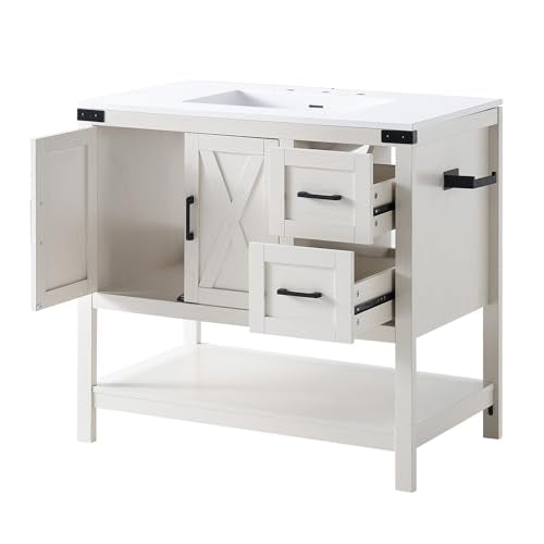 AMERLIFE 36" White Farmhouse Bathroom Vanity with Sink and 2 Drawers | Antique White, Single Solid White Integrated Top, Moisture-Resistant MDF, 2 X-Panel Door, 2 Drawer, Open Shelf, Towel Holder - color: Antique White, size: 36”
