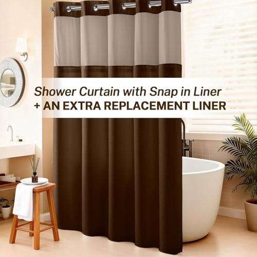 River Dream No Hooks Shower Curtain with 2 Snap in Liner, Brown, 71Wx74H | Waffle Weave, 1 Attached Snap in Liner and 1 Extra Replacement Liner, Bathroom Curtains Shower Set, Hotel Grade, Spa Like - color: Brown