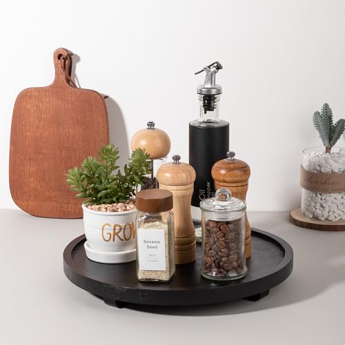 Round Decorative Tray Wood Bathroom Counter Organizer Farmhouse Kitchen Decor Wooden Riser for Soap Dish, Perfume, Candle, Sponge, 12" - Black | Waterproof, Lightweight, Easy Clean, Wood Riser Pedestal Stand Accessories for Office Desk, Vanity, Counter, S