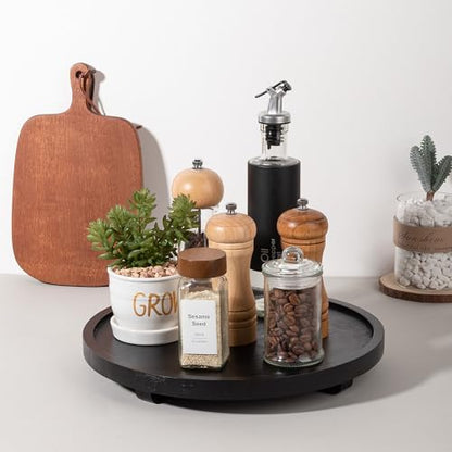 Round Decorative Tray Wood Bathroom Counter Organizer Farmhouse Kitchen Decor Wooden Riser for Soap Dish, Perfume, Candle, Sponge, 12" - Black | Waterproof, Lightweight, Easy Clean, Wood Riser Pedestal Stand Accessories for Office Desk, Vanity, Counter, S
