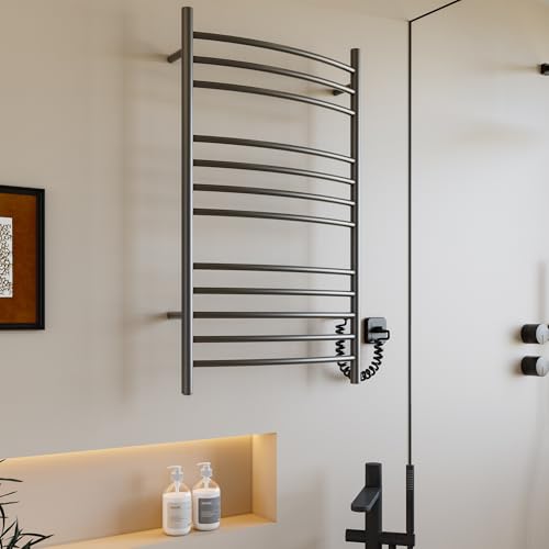 12-Bar Towel Warmer, Heated Towel Rack, Plug-in/Hardwired Gun Grey | 304 Stainless Steel Large 12-Bar Towel Warmer With Plug-In Or Hardwired Installation And Gun Grey Finish - color: Gun Grey