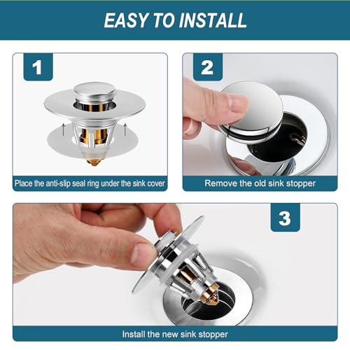 Universal Bathroom Sink Stopper - Upgraded Pop up Drain Strainer with Hair Catcher, Fits 1.1-1.5 Inch U.S. Standard Drain Holes - Anti-Clogging Filter - Pure Brass Construction
