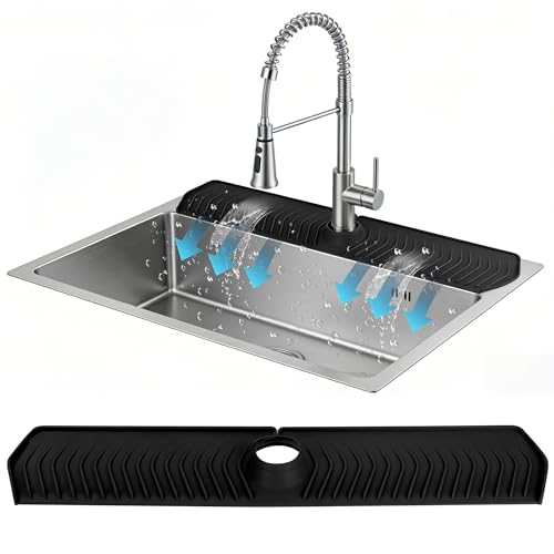 Extra Long Silicone Faucet Mat, 76cm Double-Sided Drain Pad for Kitchen Sink & Bathroom, Flexible Splash Guard with Center Hole, Non-Slip, Easy to Clean, Fits Most Faucets (Black) - color: Black