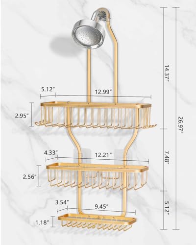 Shower Caddy Hanging - Never Rust Shower Hanging Organizer - Aluminum Over the ShowerHead Caddy with Soap Basket and 6 Razor/Sponge Hooks (Gold) - color: Gold