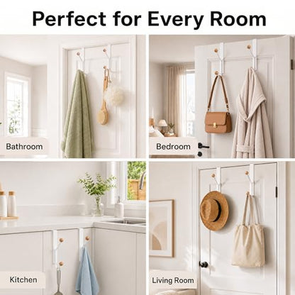 KitchLife Over The Door Hooks 2 Pack Heavy Duty Door Hanger Hooks with Wooden Ball Tips, Steel Over Door Hook Rack for Clothes, Towels, Bags & Tools, Fits 1-3/8” Door, Matte White