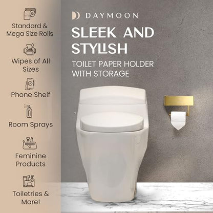 Day Moon™ - Toilet Paper Holder with Shelf - Modern Roll Holder for Bathroom - 1 Pack - Wall Mount - with Storage, Gold - color: Gold
