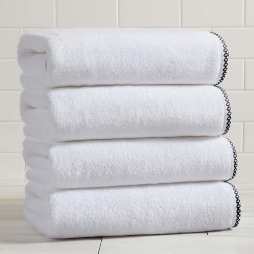 Great Bay Home Black/White Bath Towel Set - Ultra-Soft Cotton, Boho-Chic Border Design - 4 Bath Towels (54" x 30") - Absorbent, Quick-Dry, Lightweight Bathroom Towels - color: White / Black, size: Bath Towel (Pack of 4)