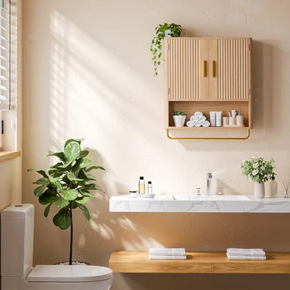 Bathroom Wall Cabinet, Medicine Cabinet with Fluted Door & Adjustable Shelf | Over The Toilet Storage Cabinet with Towel Bar, Space-Saving Cabinet Wall Mount for Laundry Room, Kitchen, Living Room - color: Natural Oak
