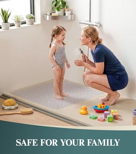 HITSLAM 21x21 Inch Square Shower Mat Non Slip, Anti Slip Bathtub Mat with Strong Suction Cups & Drainage Holes, Machine Washable Bathroom Floor Mat for Inside Shower Stall and Tub, Clear - color: Clear