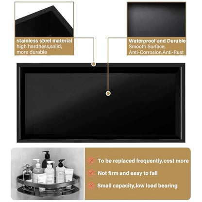 24×12 Stainless Steel Shower Niche,No Tile Required Shower Niche | Recessed Shower Niche,Stainless Steel, Matte Balck, Wall Mount Bathroom Storage,Easy to Install,Inner Size: 23.2" × 11.2" - color: Matte Black, size: 24W * 12H (Single Shelf)