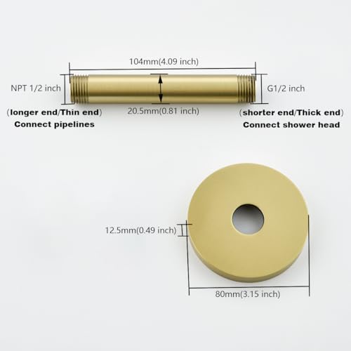 RANDOM Shower Arm with Flange,Gold 4 Inches Ceiling Mount Shower Head Extension Arm Straight Arm Ceiling-Mounted For Fixed Shower Head,Brushed Gold.RD91038-4BG - color: 4″ Brushed Gold(Round Flange)